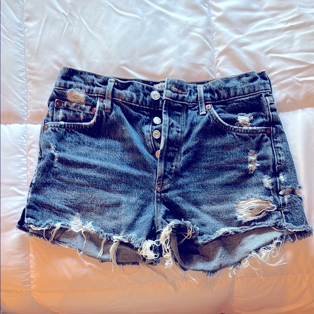 Agolde Blue Distressed Jean Cutoff Shorts with Frayed Hem Size 26